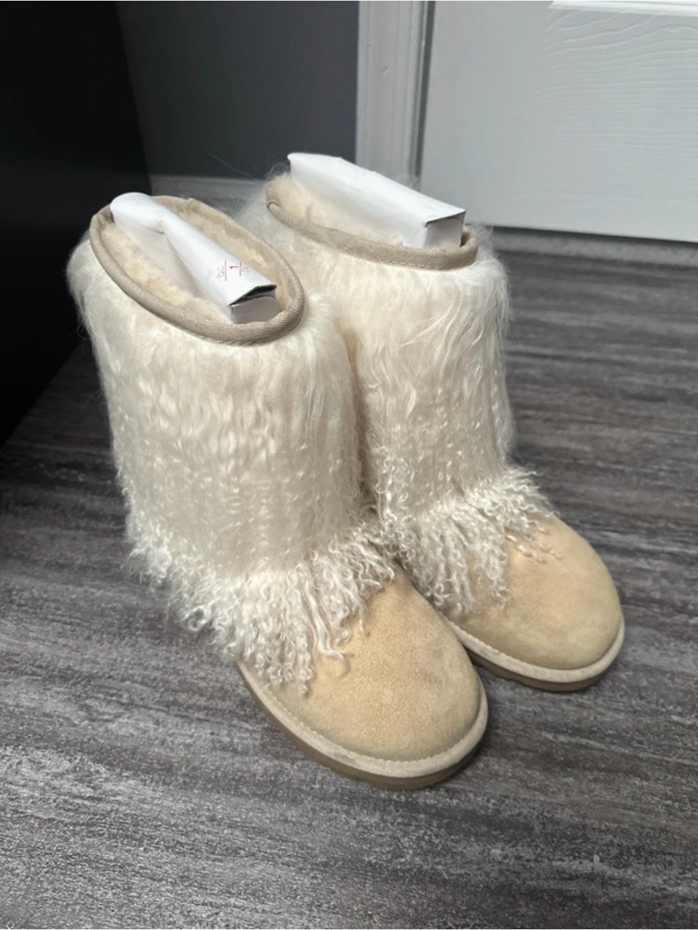 UGG Cream Curly Shearling Mid-Calf Suede Booties
